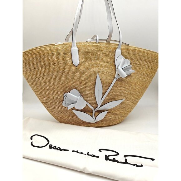 OSCAR DE LA RENTA tulip raffia large tote + Dust bag --NATURAL/WHITE - Picture 10 of 13